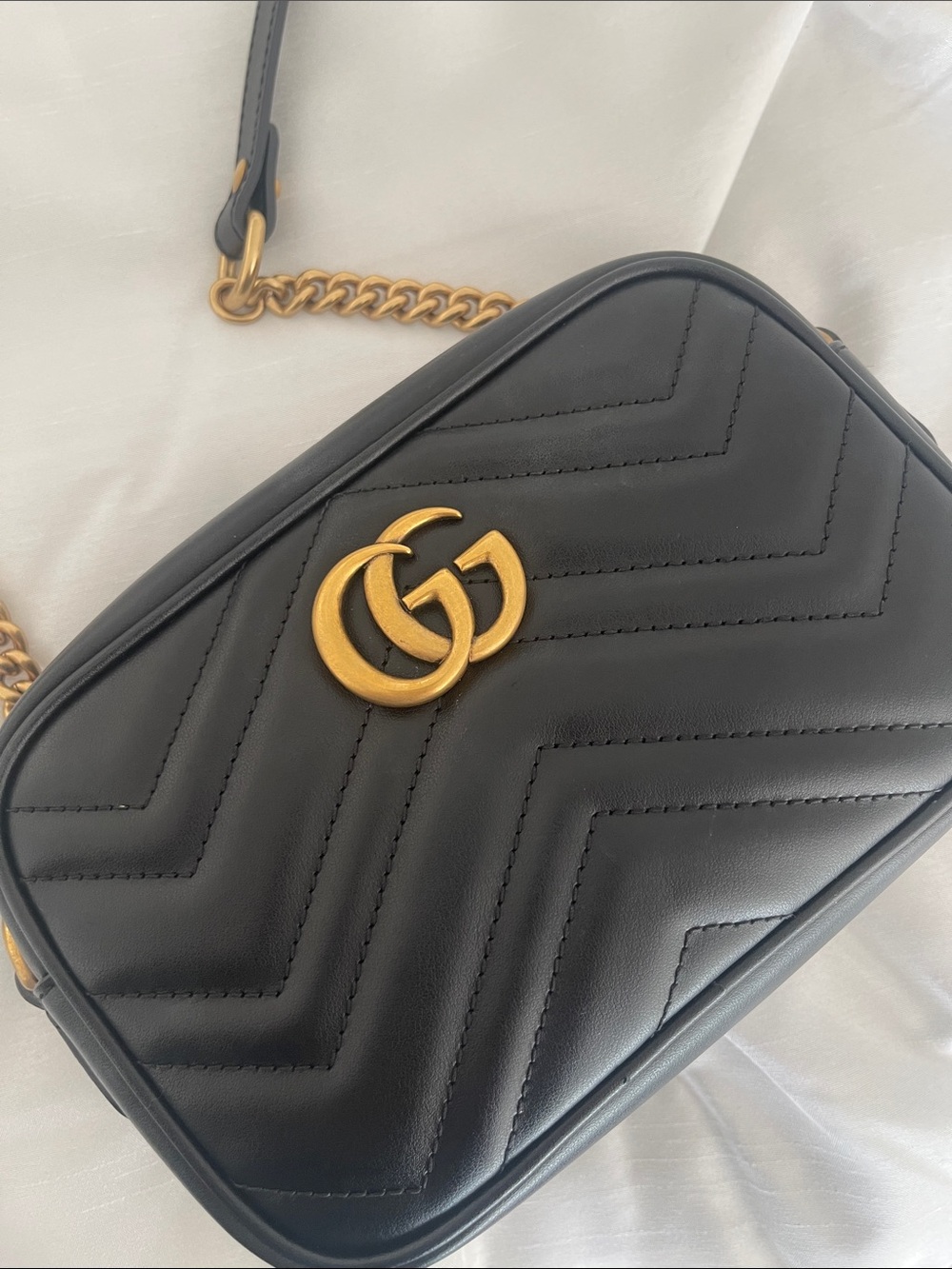 Gucci Black Quilted Chevron Leather Crossbody with Gold Double G
